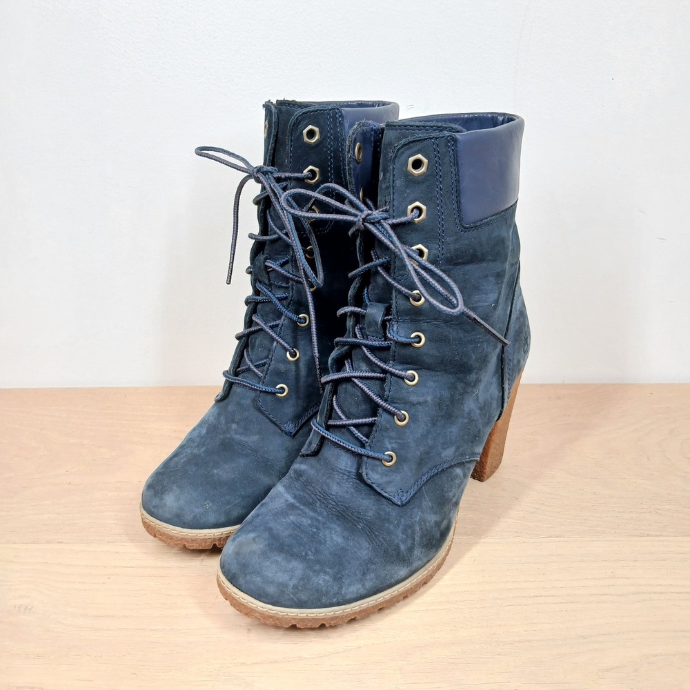 Timberland Ankle Boots Women 8 Blue Suede Leather Lace Up Block Heel Lug Sole